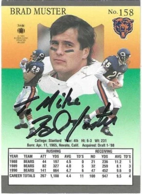 Autographed Signed 1991 Fleer Ultra # 158 Brad Muster Chicago Bears - Image 1 of 2