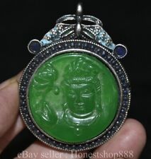 2.8" Rare Old Chinese Silver inlay Green Jade Cloisonne Guanyin Goddess Pendant