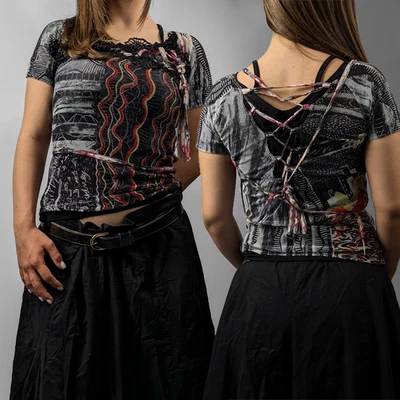 Blusa Camisa Save The Queen Y2K Malla Transparente Top Con Cordones Multicolor Delgada S-M Foto 1 de 4