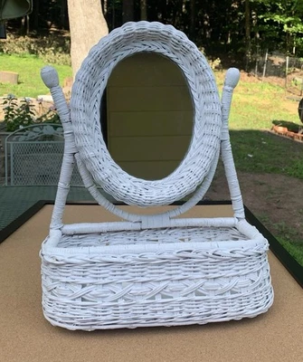 Vintage Wicker & Wood Swivel Mirror & Basket Shelf Caddy Vanity White - Image 1 of 4