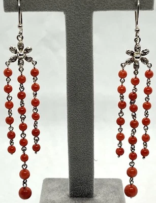 Orecchini In Argento 925 Con Corallo Mediterraneo Naturale 7.5cm – Fatti a Mano - Immagine 1 di 4