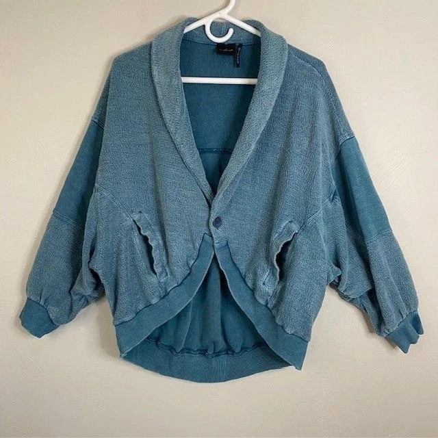 Cardigã Out From Under Urban Outfitters M/L azul-petróleo terry desleixado elástico - Imagem 1 de 4