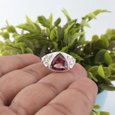 Anel feminino de prata esterlina 925 feito à mão com pedra preciosa rodolita zircão - Imagem 1 de 4