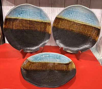 Pier 1 Cassidy Blue/Brown 11' stoneware serving Dinner Plates. Set Of Three - Image 1 of 4