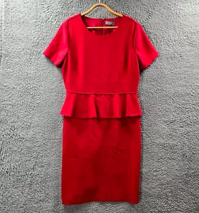 BNWT Jacqui E Womens Pencil Dress Size 14 Red Stretch Knit Short Sleeve Peplum - Picture 1 of 14