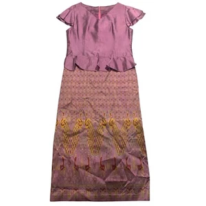 Womens Dress Purple Peacock Print Maxi Ruffle Sleeve Formal Occasion Ethnic Thai - Picture 1 of 5