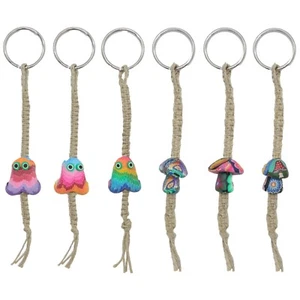 Fun-Weevz Set of 6 Y2K Polymer Clay Mushroom and Critters Hemp Keychains - Picture 1 of 6