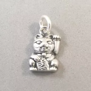 Ciondolo MANEKI-NEKO CHARM argento sterling 925 gatto giapponese sventolante portafortuna TA40 - Foto 1 di 2