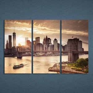 Sunset Manhattan Bridge River Cityscape 3 Pcs Canvas Print Wall Art Home Decor - Picture 1 of 6