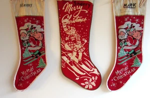 Vintage Konvolut 3 Weihnachtsstrumpf Filz Schablone Weihnachtsmann Skifahren **LESEN** - Bild 1 von 8