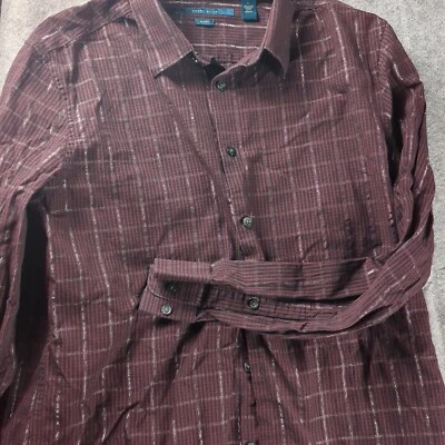 Camisa masculina Perry Ellis botão para cima L vermelha preta prata metálica xadrez reflexivo - Imagem 1 de 4