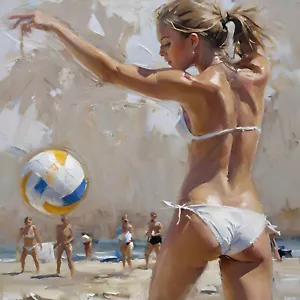 ACEO Kunstkarte junge Frau spielt Beachvolleyball im weißen Bikini - Bild 1 von 1