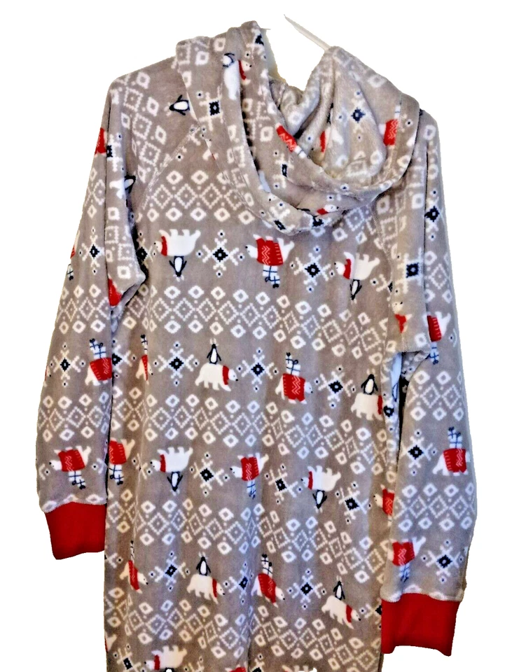 Macy's Gray Hooded One Piece Ful Zip Pajama Winter Polar Bear's Size XXL Unisex - Image 1 of 4