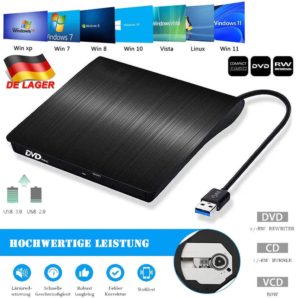 Externes CD/DVD Laufwerk USB 3.0/2.0 Brenner Player für PC Laptop Windows 11 10 - Bild 1 von 4