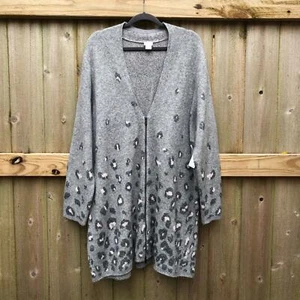 Chico’s Zip Front Cardigan Size XXL Gray Animal Print Jacquard Embellished NWT - Picture 1 of 15