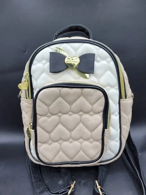 Betsey Johnson cream beige tan black quilted hearts mini backpack purse w/ bow - Image 1 of 4
