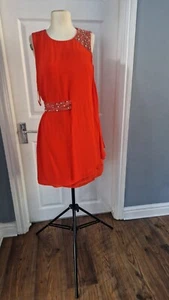 B) French Connection Orange Red Sleeveless Wrap Dress With Beads  Size 10 - Picture 1 of 15