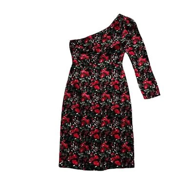Club Monaco Womens 0 Red Rose Floral Velvet One Sleeve Sheath Dress Fancy Party - Image 1 of 4