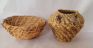 Vintage handgewebter Nadelkorb aus Kiefer und handgewebter Strohkorb handgefertigt - Bild 1 von 12