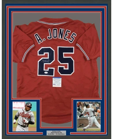 Framed Autographed/Signed Andruw Jones 33x42 Atlanta Red Jersey PSA/DNA COA Cover