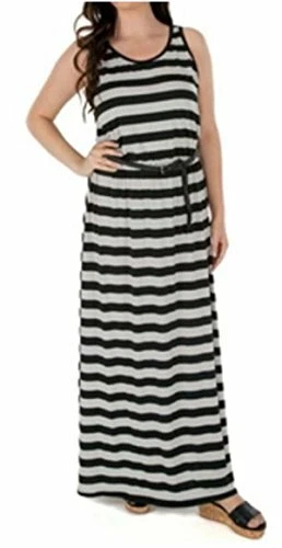 全新无标签女式发烧长条纹连衣裙黑色灰色灰色腰带 S M L XL — 第 1/1 张图片