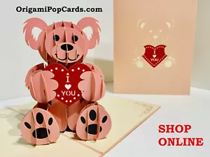 Origami Pop Cards Pink Love Teddy Bear 3D Pop Up Greeting Card Birthday Love - Photo 1 sur 12