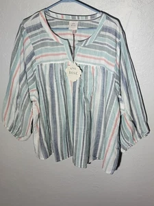 Knox Rose NWT Blouse striped faded mint V Neck Long Sleeve Size 3XL - Picture 1 of 4