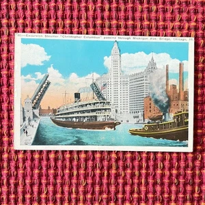 1933 Christopher Columbus Excursion Steamer Michigan Ave Bridge Chicago Postcard - Picture 1 of 2