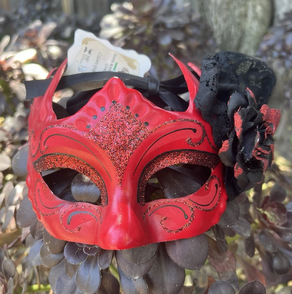 La Maschera del Galeone Rojo Negro Brillo Flor Máscara Encaje Hecho a Mano Italia Pier 1 Foto 1 de 4