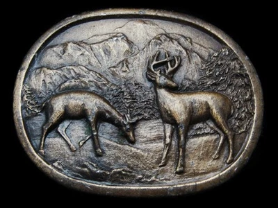 KL11113 VINTAGE AÑOS 70 ***BIG BUCK & DOE DEER*** HEBILLA DE CINTURÓN DE PIE EN EL BOSQUE Foto 1 de 2