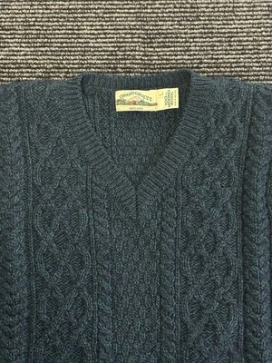 Suéter Artesanal Aran De Colección Hombres L Azul Lana Merino Cuello en V Cable Tejido Pescador Foto 1 de 4