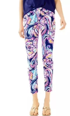 Calça de Tornozelo Skinny Lilly Pulitzer Kelly Nauti Azul Marinho Boho Bateau Tamanho 4 Floral - Imagem 1 de 4
