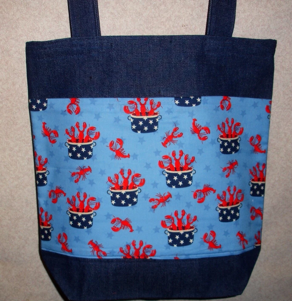 NEW Handmade Large USA Patriotic Lobster Bake Cookout Denim Tote Bag - Image 1 of 1