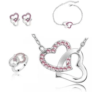 Conjunto de Collar, Pendientes, Pulsera y Anillo Entrelazados de Corazones de Cristal Rosa - Imagen 1 de 3