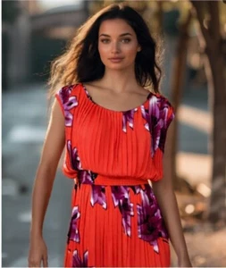 Anthropologie Baraschi Plisse Dress Pleated Floral Blouson Coral Size Medium EUC - Picture 1 of 8