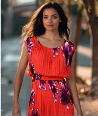 Anthropologie Baraschi Plisse Dress Coral Size Medium Pleated Floral Blouson EUC - Изображение 1 из 4