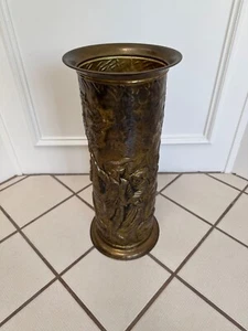 ANTIQUE VINTAGE ENGLISH BRASS EMBOSSED UMBRELLA STICK STAND “MADE IN ENGLAND” - Picture 1 of 9