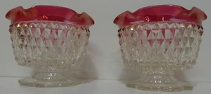 2 Vintage Indiana Glass Diamond Point Cranberry Ruby Clear Candle Stick Holders - Picture 1 of 3