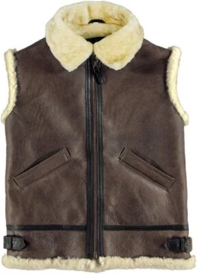 B3 Bomber Real Cowhide Natural Distressed Leather Faux Fur Shearling Vest Jacket - Image 1 of 4