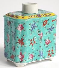 Vtg Chinese Famille Rose Tea Caddy Square Turquoise Floral Tea Leaf Jar - No Lid