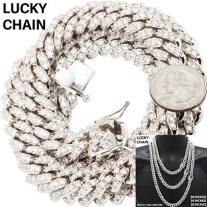 8.5''-30"14K WHITE GOLD FINISH BLING CZ CUBAN CHAIN BRACELET 12MM 67g-225g K24 - Picture 1 of 8