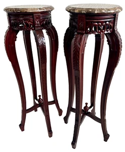 Louis XV Mahogany Marble Top Tall Pedestal Stand Table, a Pair - Picture 1 of 10
