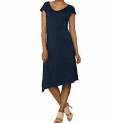 Vestido midi tejido XXS con dobladillo asimétrico jaspeado azul marino H by Halston para mujer Foto 1 de 4
