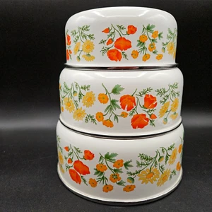 Vintage Kobe Küche Emaille Schüssel Set Ringelblume Mohn Gänseblümchen Taiwan 1980er - Bild 1 von 12