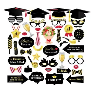 Graduation Photo Booth Props 2025 44 Pcs Gold Black Class of 2025 Grad Decor ... - Picture 1 of 4
