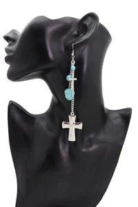 Women Silver Metal Chain Fashion Jewelry Dangle Earring Set Cross Turquoise Bead - Picture 1 of 12