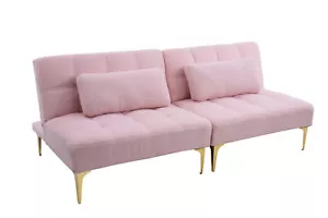 71" Convertible sofa bed futon with gold metal legs fabric (Pink) - Picture 1 of 5
