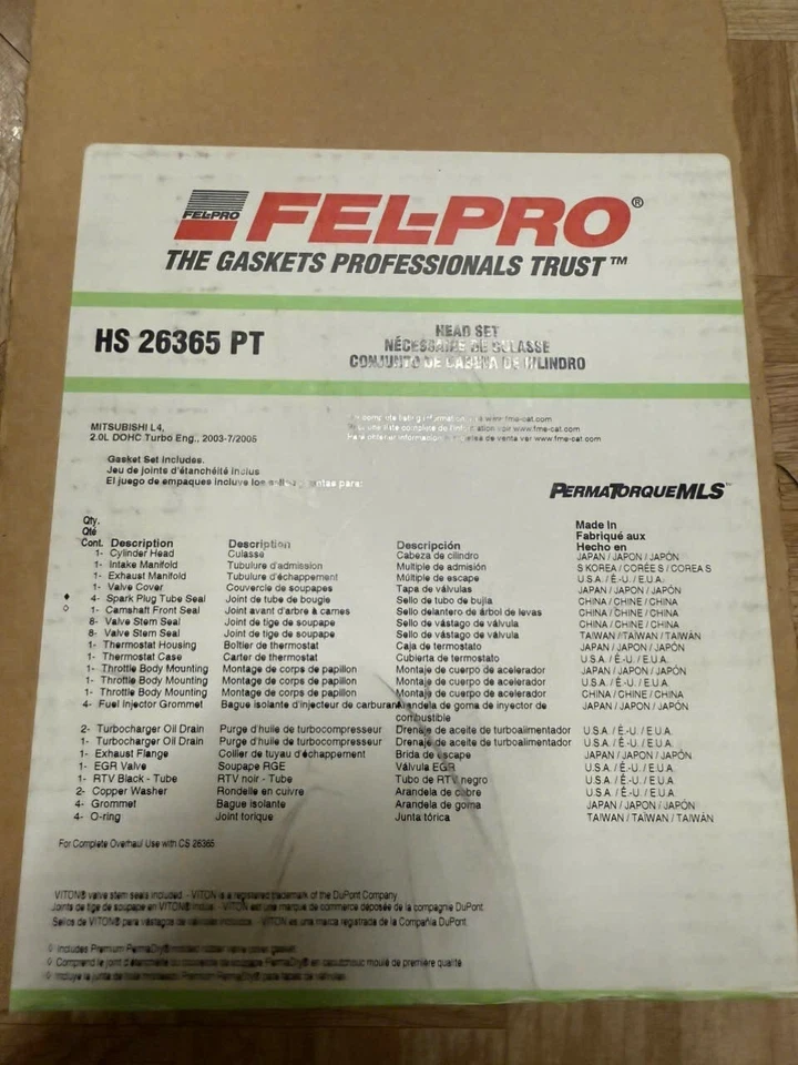 Juego de juntas de culata Fel-Pro HS 26365 PT para 03-06 Mitsubishi Lancer Foto 1 de 1