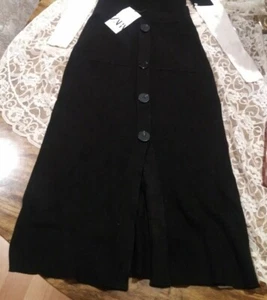 Zara Black Ribbed Mid Rise Buttoned Down Midi Skirt With Open Vent Sz M 5319/104 - Picture 1 of 4