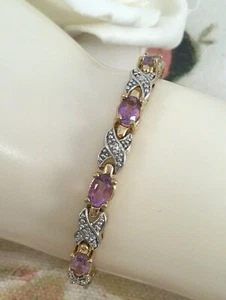 Vintage Jewellery Gold Tennis Chain Bracelet Amethysts Diamonds Antique Jewelry - Picture 1 of 9